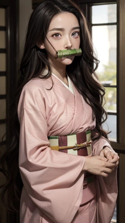 Nezukokamado, Nezuko Kamado, bamboo, (bit gag:1.5), Black Hair, (amount:1.5), gag, gagged, Hair Ribbon, Long Hair, Multicolored Hair, (Pink Eyes:1.5), Orange Hair, elongated pupils, Wavy Hair, Two-tone hair,
break asa no ha (pattern), checkered sash, Haori, kimono, kimono, Long sleeve, heart, pink kimono, sash, wariza, Wide sleeves,
break looking at viewer,
break indoors,
break (masterpiece:1.2), Highest quality, High resolution, unity 8k wallpaper, (figure:0.8), (Beautiful attention to detail:1.6), Highly detailed face, Perfect lighting, Highly detailed CG, (Perfect hands, Perfect Anatomy),