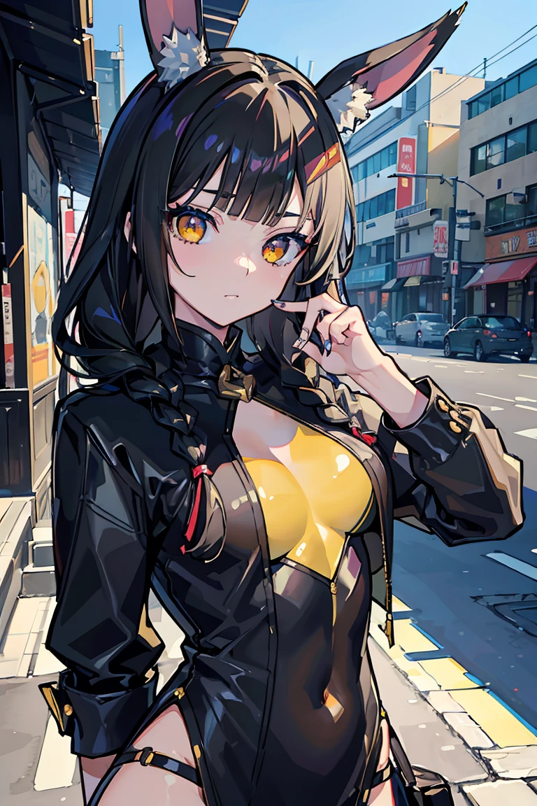 (1 girl), (Bunny ears),exposure is low, (beastman),(super high quality), masterpiece, wild, cute, unfriendly, sit, casual scene, relaxed atmosphere, she wears fashionable clothes, beautiful表情 , Warm sunlight, Street atmosphere, urban environment. perfect body, medium breasts,Fresh, wild, (asymmetrical bangs:1.3), (braid), highly detailed face and eyes, (jet black hair, Deep gradient golden eyes:1.2),(Shiny highlight eyes), digital art, beautiful, cinematic lighting, by Yusuke Murata.tonality, romanticism, modern art, Impressionism, reflected light, 8K, masterpiece, advanced details, highest quality, Just five fingers