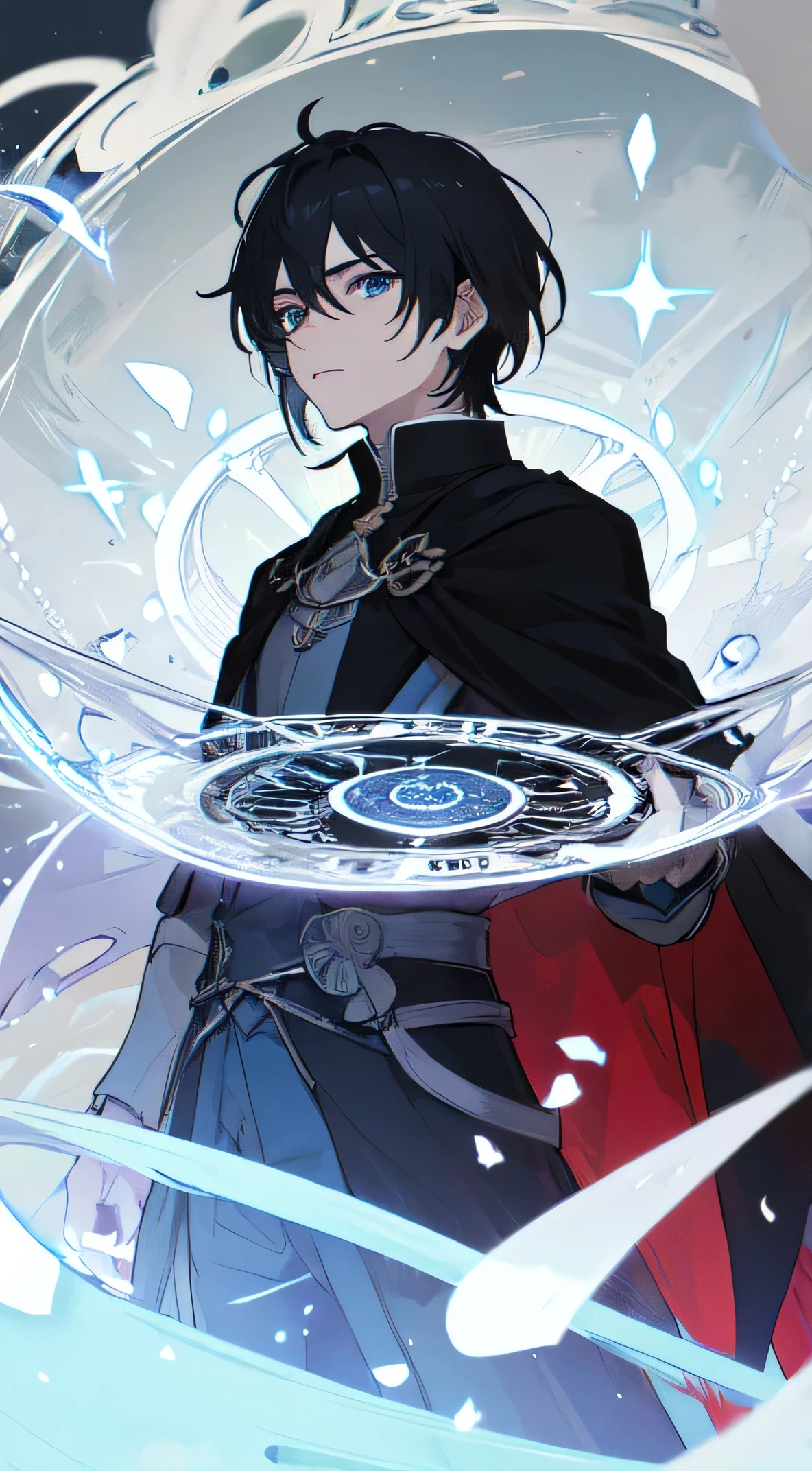 22 year old male, black hair, blue eyes, sharp black eyes, Black Elegance,Black cape ,Control light and dark, make it like tarot anime-style but no frame, The eyes are firm, magic circle, Light, dark, Light Particles, dark particles