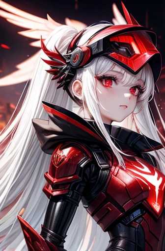 A glamorous girl with white hair and red eyes wearing cyber-mechanical red and black armor and a winged helmet with a visor.