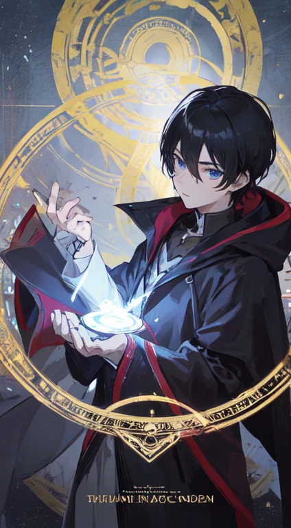 22 year old male, black hair, blue eyes, sharp black eyes, Black Elegance,Black cape ,掌管Light與dark, make it like tarot anime-style but no frame, The eyes are firm, magic circle, Light, dark, Light粒子, dark粒子, gods, world