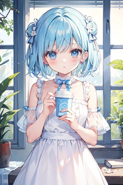 Delicate light blue pupililky white is cute and cute short hair,Super cute blue speckled light cream milk dress,There are gauze clothes, It is a simple cute little