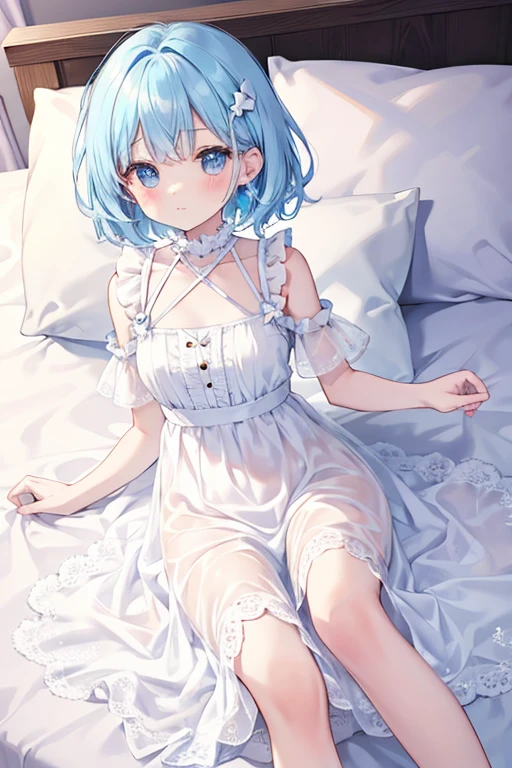 Delicate light blue pupililky white is cute and cute short hair,Super cute blue speckled light cream milk dress,There are gauze clothes, It is a simple cute little