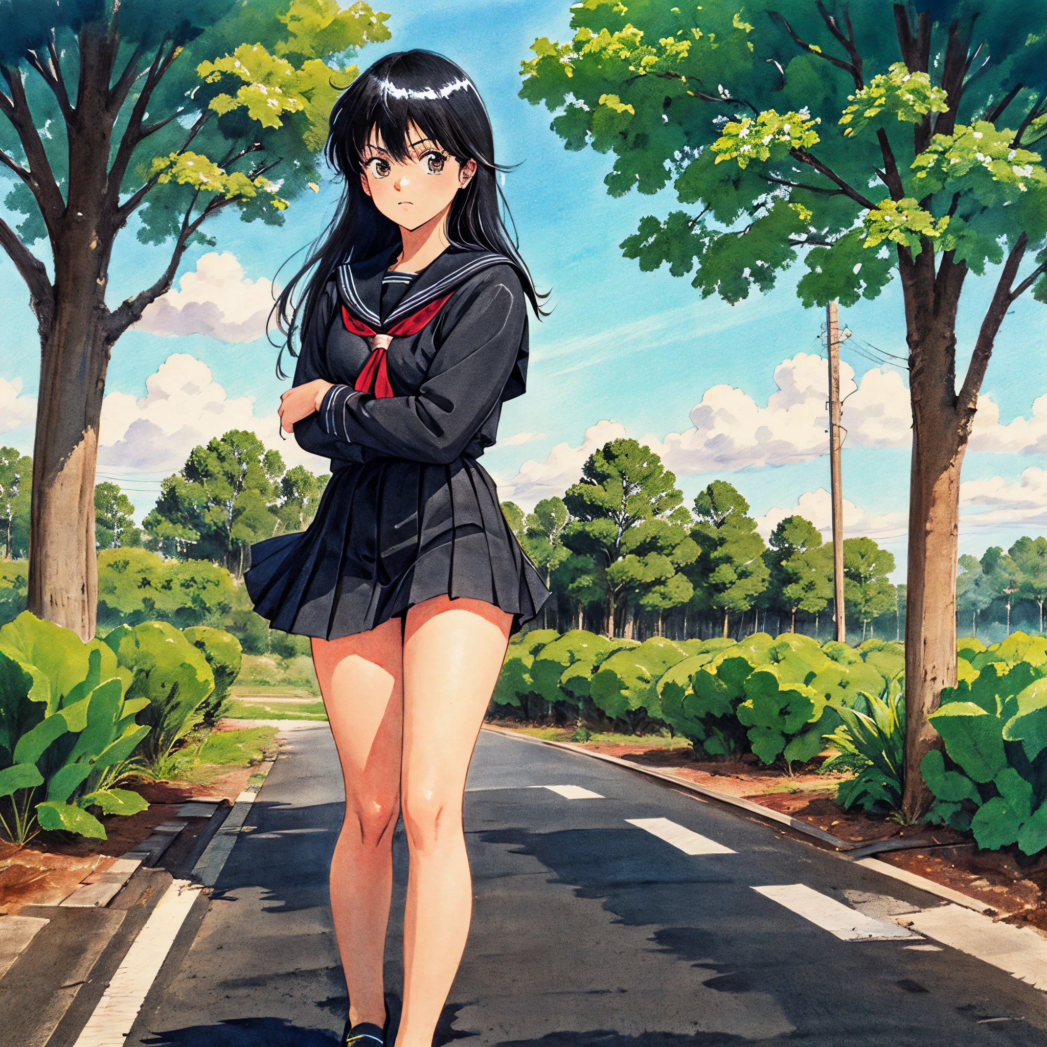 (((((solo)))))), 1 girl, beautiful girl, sharp eyes, black hair, very long hair, straight bangs, black  uniform, (((((black serafuku))))), (black sailor uniform), long sleeves, red tie sailor collar, thick thighs, wide hips, big breasts, big , great figure, road, forest, sakura trees, praying in a japanese temple, serious, arrogant, crossed arms, visible white panties, wind, painting \(medium\), retro artstyle, traditional media, watercolor \(medium\), 1980s \(style\)