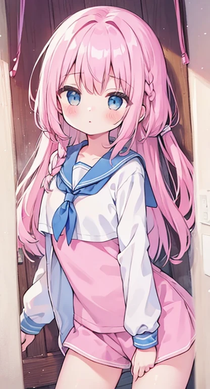 beautiful illustrations, highest quality, (12 year old girl:1.4)、(pretty girl:1.5)、、(Fainting、Suspension from the ceiling、Lock、restraint:1.3)、flat chest、sailor collar、(White long tunic)、long sleeve sailor suit、Blue-line cuffs、(pink chino shorts:1.4)、(pink shorts with wide opening:1.2)、Gap between thigh and pants、slim thighs、white socks、 cinematic lighting, (pink long hair)、pink straight hair、redness of cheeks、(Braiding of the back of the head)