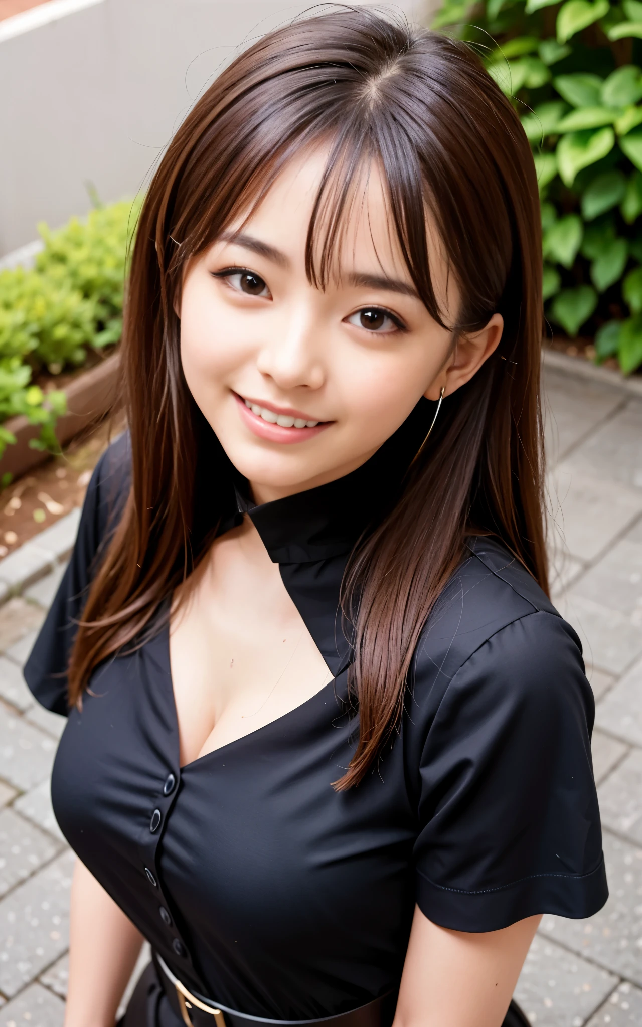 highest quality, figure, super detailed, finely, High resolution, 8k wallpaper, 完璧なダイナミックな構figure, beautiful skin, (big eyes), 20 year old beautiful girl, natural color lip, (sexy pose), Mid chest, smile, Highly detailed face and skin texture, Detailed eyes, Double eyelid,leaking teeth and laughing, close-up, from above, long brown hair, (black blouse:1.2), tree-lined avenue