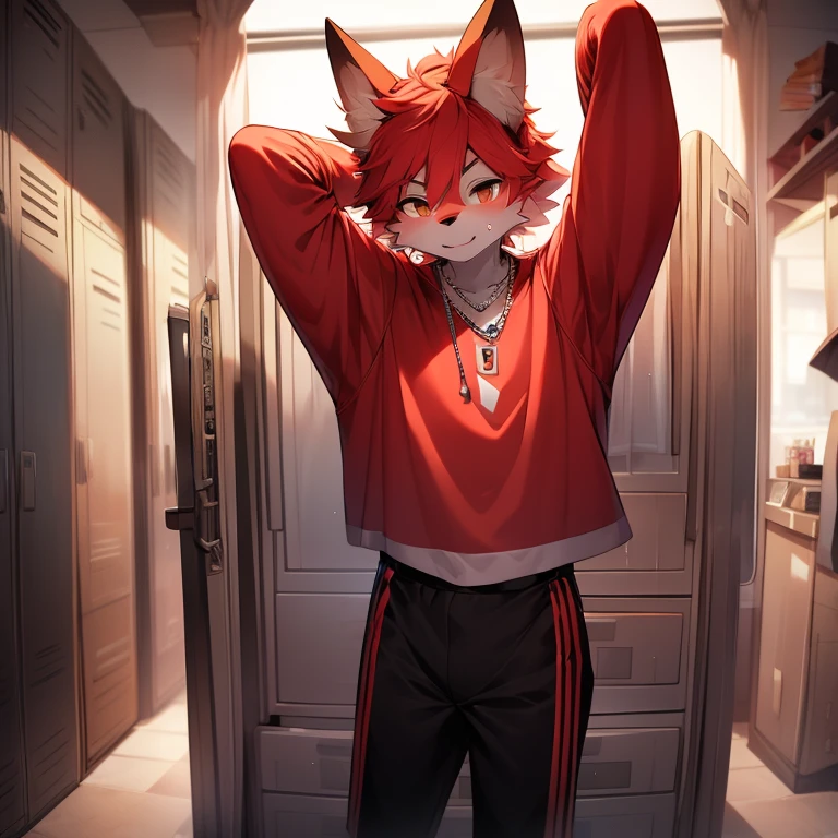 youth,Shota,red hair ,male, stand up, Masterpiece, high resolution,8K,Detailed background,high quality, boys,looking at the audience,perspective,View from the front,shorter pants,male焦点,Wolf's facial features,character boy,Wearing a necklace,locker room,sweating,Basketball costumes,full-body shot