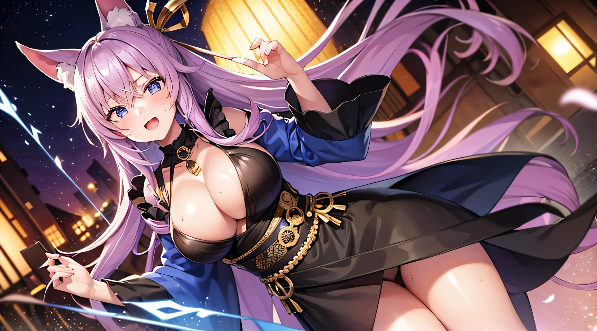 masterpiece、highest quality、1girl , solo , huge breasts、deep cleavage、light purple hair、ponytail、fox ears、brightly colored eyes、blue eyes、black glasses、green kimono、leather boots、flashy necklace、charm、Wet、face turns red, very sweaty, dynamic pose、standing、ryokan background