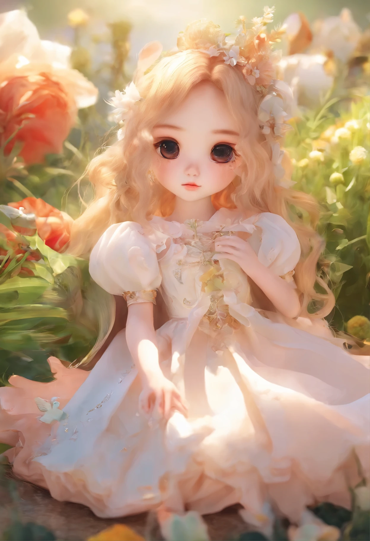 Carrying chicks in groups on the bed、High resolution、4k、8K image、Hold your head and worry,slight smile,Pop Mart Blind Box IP、100Close up portrait of a cute knight doll。、Young One Angel Style、wear it longer, dress fluently、Lop style、Poseline Doll、little person々々々々々々々々々々々々々々々々々々々々々々々々々。little person々々々々々々々々々々々々々々々々々々々々々々々々々、unreal engine 5、Light 3D/C4D Production: 8K HD quality/illuminate/Explanation of ultra-fine lenses 1.5、perfection、Chibi Background/cinematic。