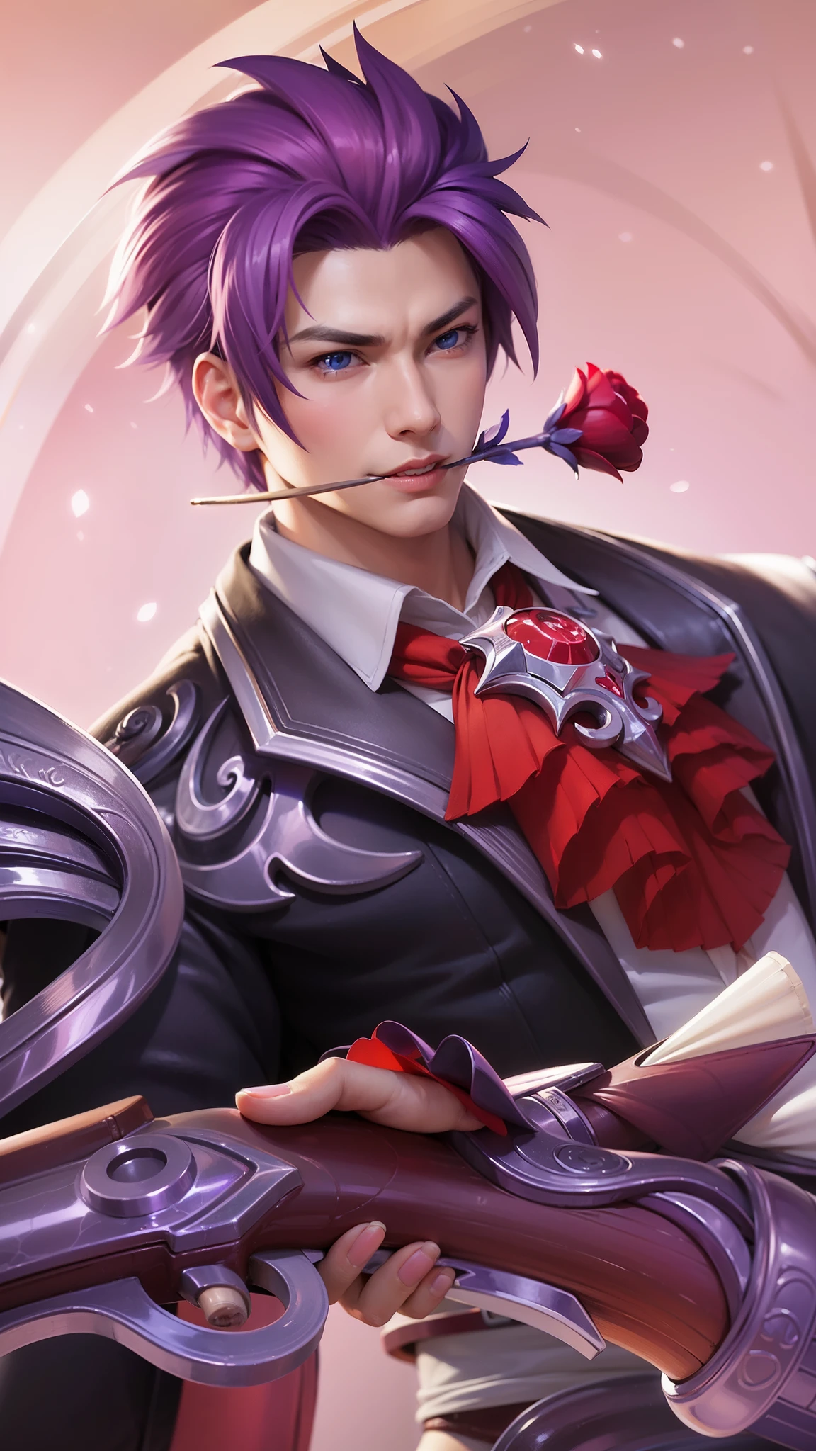 anime - style image of a male character with purple hair and a red tie, ! dream artgerm, extremely detailed artgerm, range murata and artgerm, artgerm. high detail, g liulian art style, artgerm portrait, shadowverse style, by Yang J, arcane art style, biting the stem of a red rose, blue eyes.