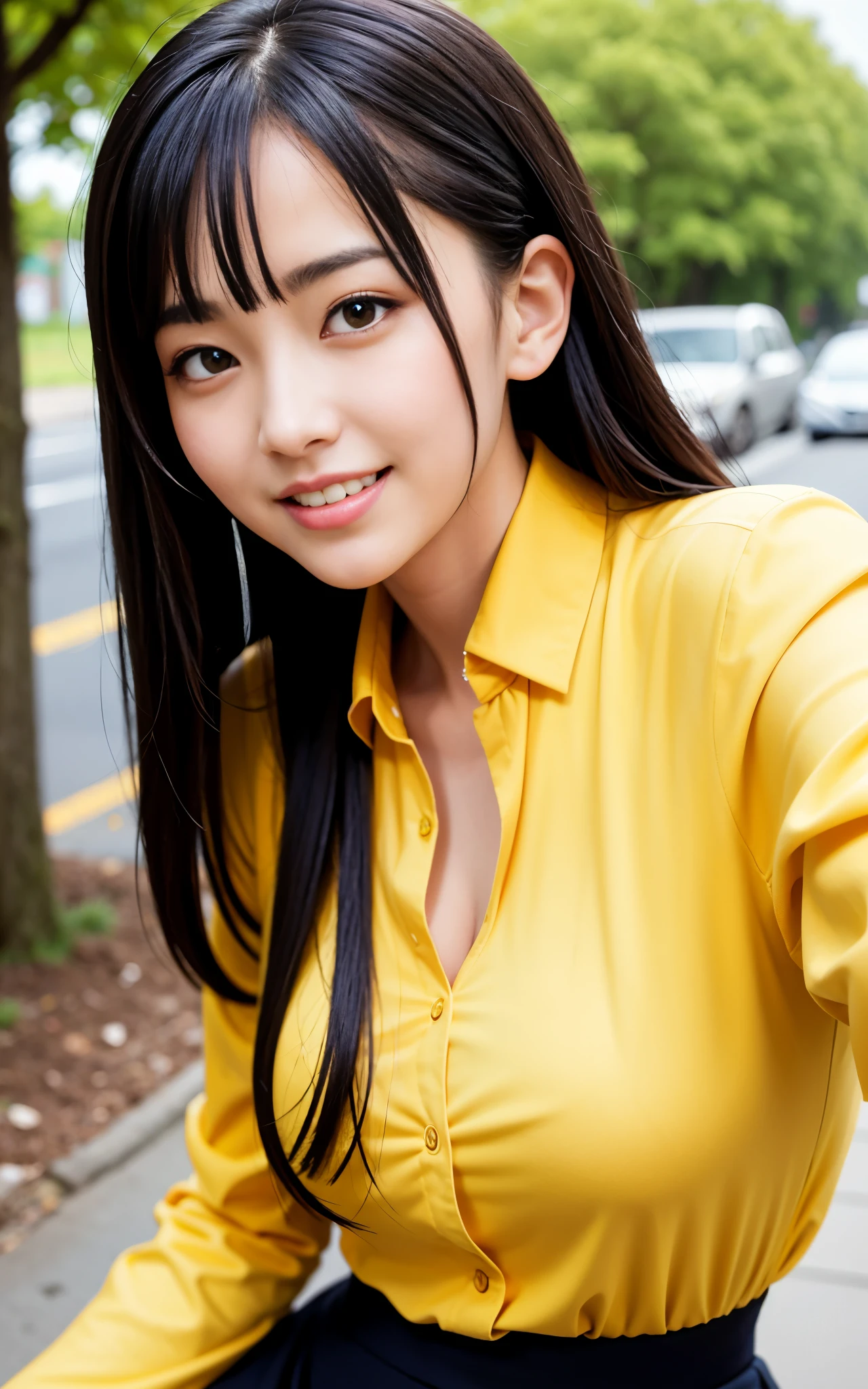 highest quality, figure, super detailed, finely, High resolution, 8k wallpaper, 完璧なダイナミックな構figure, beautiful skin, (big eyes), 20 year old beautiful girl, natural color lip, (sexy pose), Mid chest, smile, Highly detailed face and skin texture, Detailed eyes, Double eyelid,leaking teeth and laughing, close-up, profile, black hair twintails, (yellow blouse:1.2), tree-lined avenue