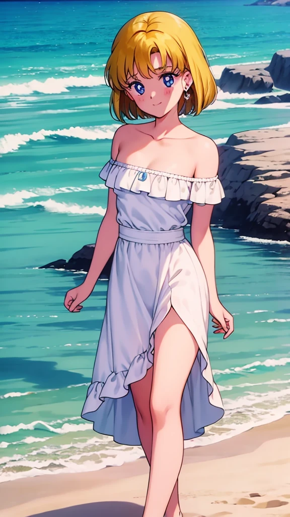 1990s \(style\), masterpiece, best quality, highres, outdoors, small breasts, 1 girl, Solo, UsagiTsukino, Blue Eyes, Beautiful Detail Eyes, Short Yellow Medium Hair, Yellow Straight Hair, Bangs, Good hands are down, Smile, Blushing, Bare Neck, Bare Shoulders, strapless, White Ruffle Off-the-Shoulder maxi dress. Cowboy shot. A landscape of the beach, blue skies, sand beach, ocean waves. In the center. Walking in bare feets.