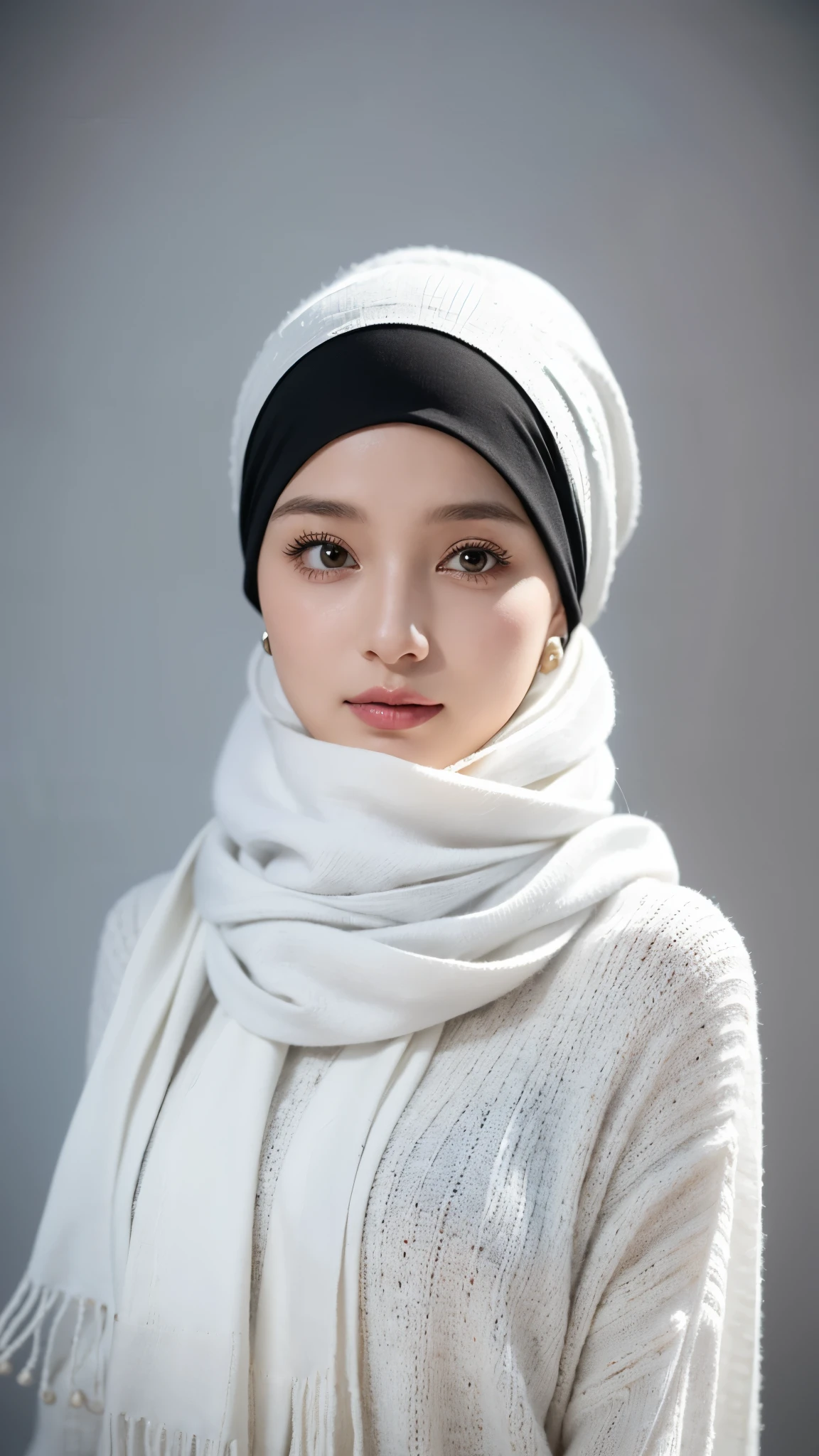 a woman wearing a white sweater and a gray scarf, wearing necklace, wearing a turban, inspired by Maryam Hashemi, turban, head scarf, cloth head wrap, hijab, white hijab, with black beanie on head, wearing a chocker and cute hat, thoughtful expression, extremely beautiful, very extremely beautiful, serene expression, thoughtful pose, full body view