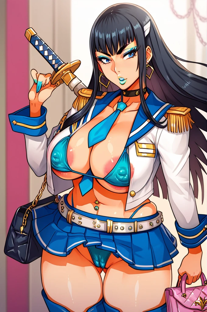 score_9, score_8_up, score_7_up, kiryuuin satsuki, 1girl, solo, black hair, makeup, cyan eyeshadow, cyan lips, jewelry, earrings, hair ornament, long sleeves, junketsu, epaulettes, sailor collar, bikini, cleavage, areola slip, covered nipple, midriff, choker, groves, wrist cuff, navel piercing, miniskirt, piercing, sparkle, cowboy shot, open shirt, pleated skirt, standing, gyaru, chain belt, tie, thigh high boots, skindentation, cameltoe, eyeshadow, parted lips, handbag, katana, whore, slut, prostitute