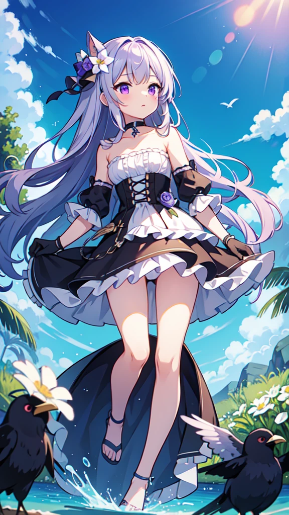 masterpiece, best quality, extremely detailed 8K wallpaper, 1girl, outdoors, Helena(Azur lane),strapless dress, dress, layered dress,white flower, hair ornament, purple eyes, (choker), outline, (black gloves), bare legs, looking up at a crow