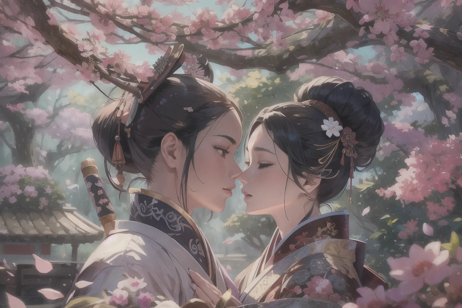 A samurai and a geisha kissing in a garden,illustration,beautiful detailed eyes,beautiful detailed lips,extremely detailed eyes and face,long eyelashes,traditional Japanese garden with meticulously trimmed bonsai trees,falling cherry blossom petals,serene atmosphere,(best quality,4k,8k,highres,masterpiece:1.2),ultra-detailed,(realistic,photorealistic,photo-realistic:1.37),vibrant colors,soft sunlight,peaceful ambiance,subtle shadows