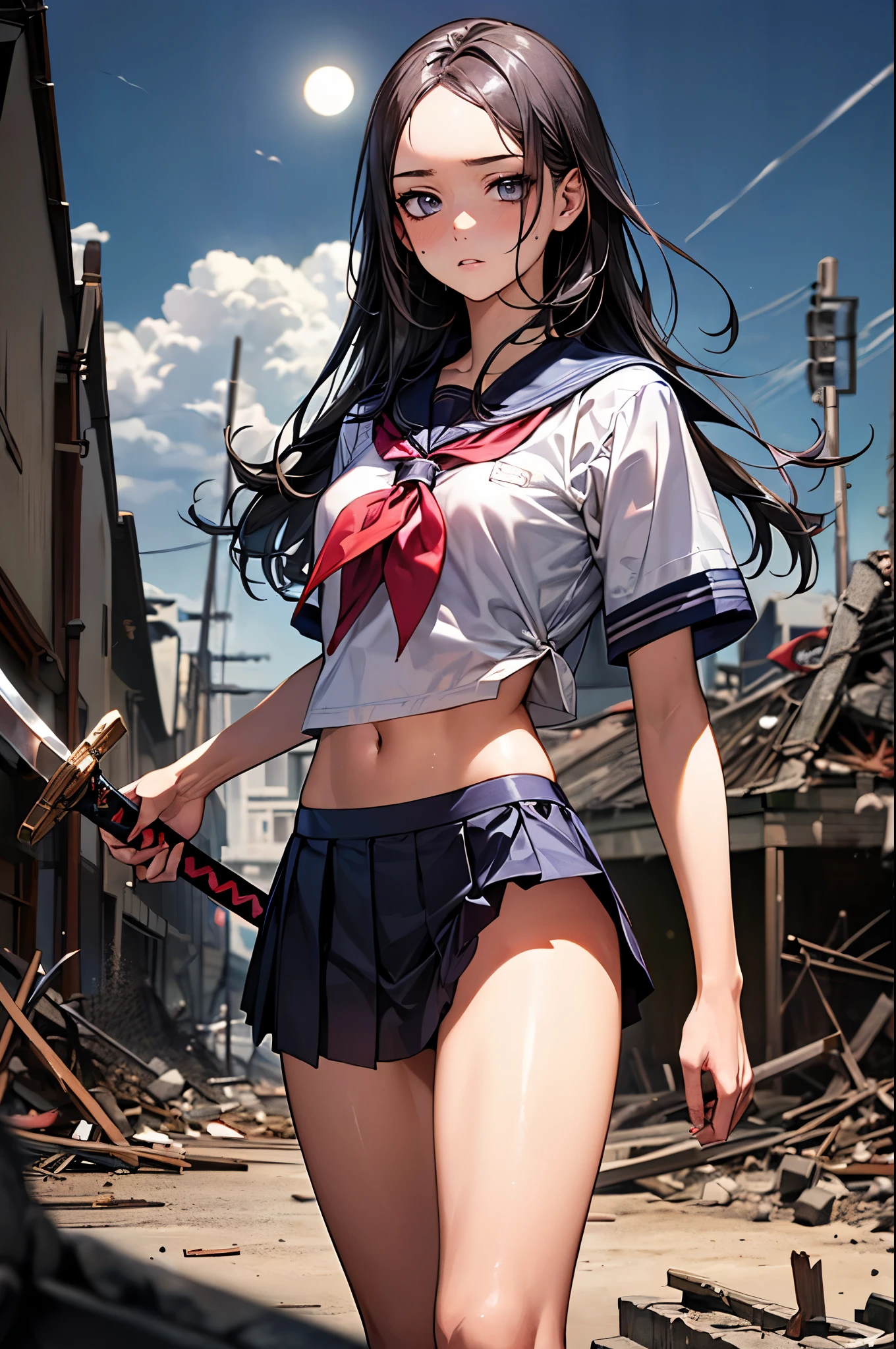 ((迫り来る巨大なmonster:1.7)),((monsterと刀で戦う女)),((perfect anatomy,realistic:1.2,RAW Photography:1.2,masterpiece、highest quality、Ultra - High resolution、High resolution、Highly detailed CG、8K)),cowboy shot,1 female,solo,18-year-old、High school girl swordsman、18-year-oldの美少女,Japanese,(beautiful detailed face and eyes:1.2,big gorgeous eyes:1.2,gray eyes,),black hair,long bob hair,(center parted hair,forehead),(medium breasts,slender body,small head:1.2,skinny),(oily skin,gleaming skin,shiny skin,sweat),(Holding a Japan sword in his right hand、Accurately depicted Japanese sword),school clothes、short sleeve、sailor suit、Black sailor collar、navel、red neckerchief、Black pleated mini skirt、((collapsed building,apocalyptic world,monster、A large group of soldiers in battle:1.5、at night、moonlight)),