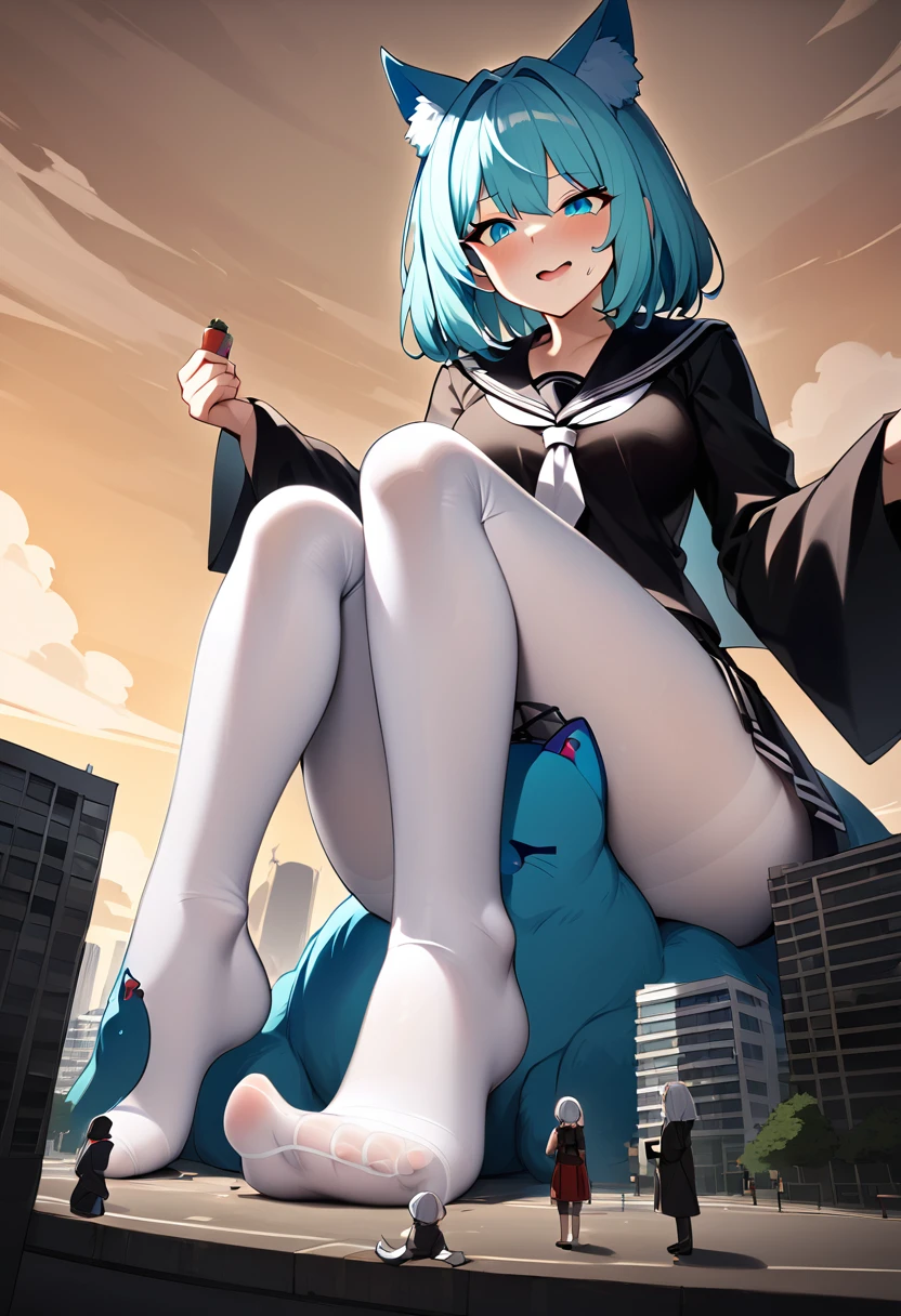 huge,age girl,Sailor's,穿水手格子short skirt的,teasing,A giant girl taller than a building,Wear white pantyhose,Toyed around,shrouded in the villain,Sitting on the ground,Toyed around,low angle of view,arroganthuge,Light cyan hair,Big blue cat ears,Teengirl,short skirt,Teasing the villain,A giant girl taller than a building,arrogant,Those who don't wear shoes,There are several villains under their feet