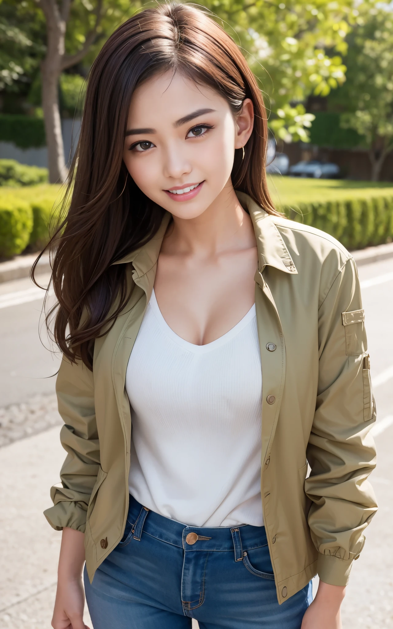 highest quality, figure, super detailed, finely, High resolution, 8k wallpaper, 完璧なダイナミックな構figure, beautiful skin, (big eyes), 20 year old beautiful girl, natural color lip, (sexy pose), Mid chest, smile, Highly detailed face and skin texture, Detailed eyes, Double eyelid,leaking teeth and laughing, close-up, from below, brown short hair, (Khaki jacket), (shirt:1.2), seaside