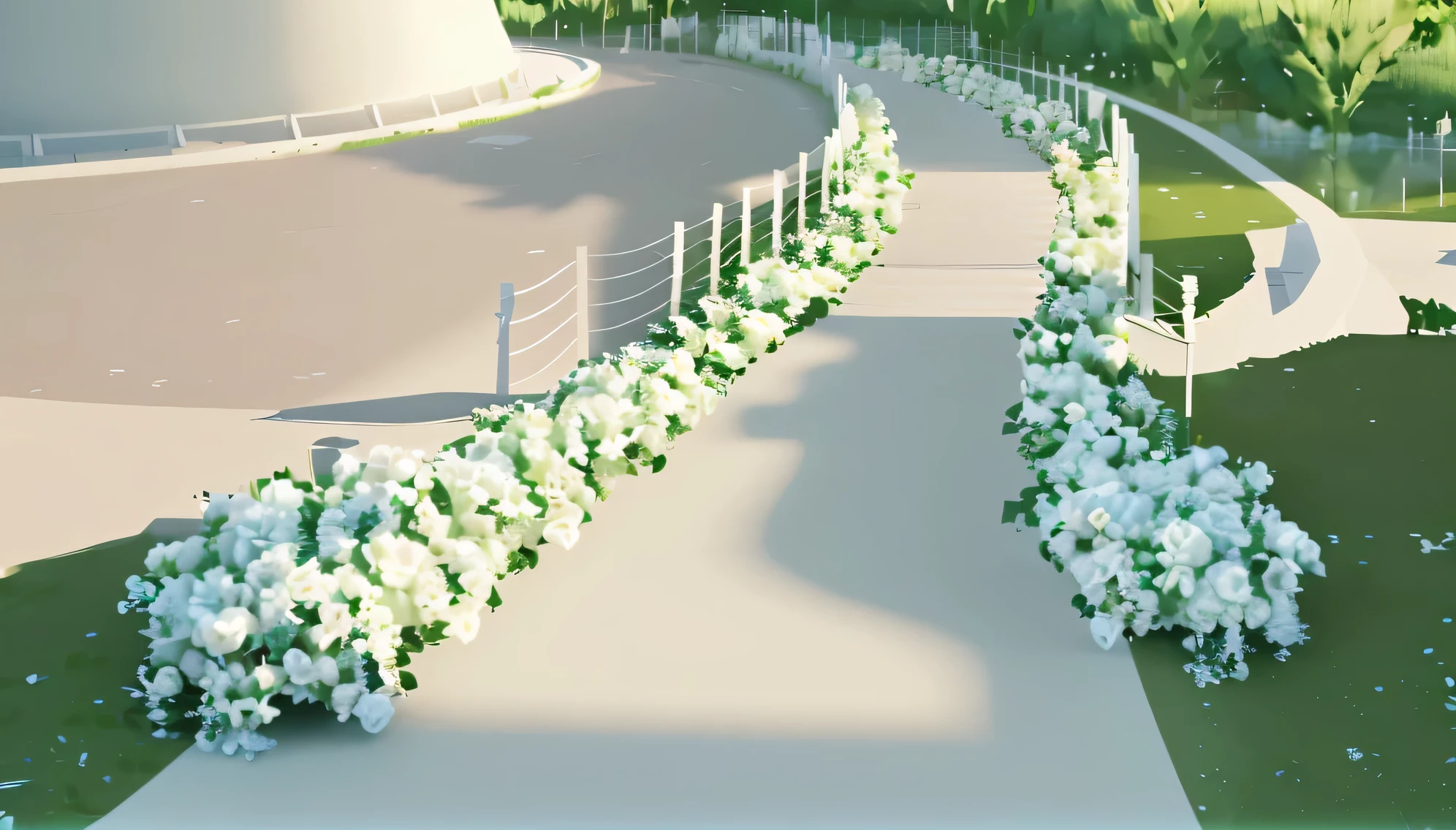 3D rendering, Floral installations, Activities held outside, Green plants and white, Colorful roses on both sides of the road, Grass, rich and colorful, vine, watercolor,Planting White Roses, pillar, HD quality, high detail, Very detailed, fair, architectural shots, Surrealism, Unreal Engine 5