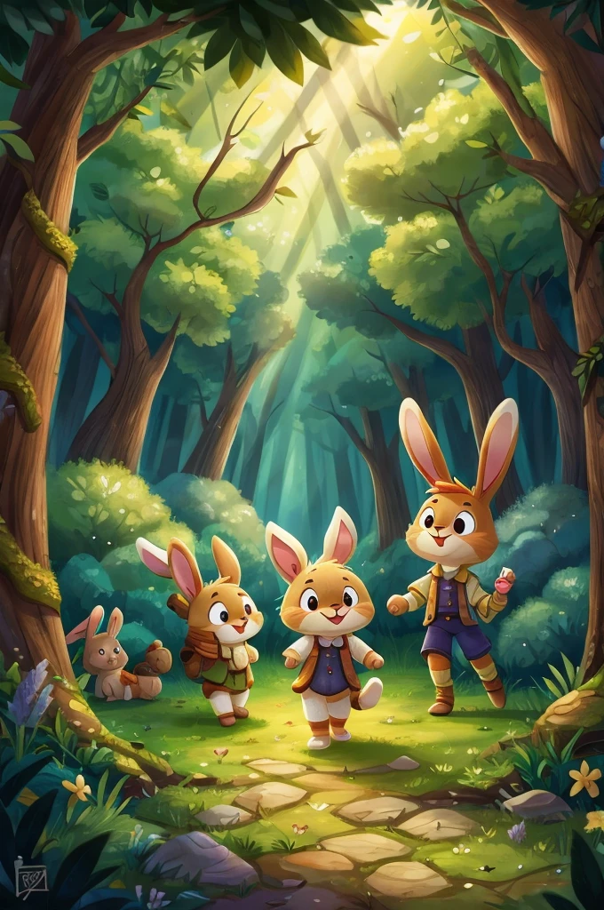 Cute, funny little bunny, walking through a fairytale forest meets his friends
