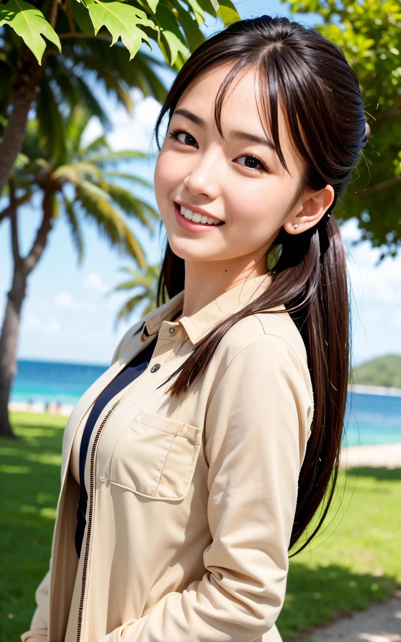 highest quality, figure, super detailed, finely, High resolution, 8k wallpaper, 完璧なダイナミックな構figure, beautiful skin, (big eyes), 20 year old beautiful girl, natural color lip, (sexy pose), Mid chest, smile, Highly detailed face and skin texture, Detailed eyes, Double eyelid,leaking teeth and laughing, close-up, from side, brown hair twintails, (beige jacket), (shirt:1.2), beautiful scenery
