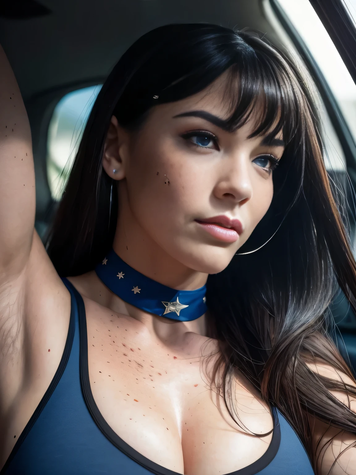 photo, rule of thirds, dramatic lighting, long hair, detailed face, detailed nose, Bettie Page wearing tank top, freckles, collar or choker, smirk, intricate background
,realism,realistic,woman,portrait,photorealistic,analog,realism, american, mature, blue eyes, chestnut, bushy eyebrows