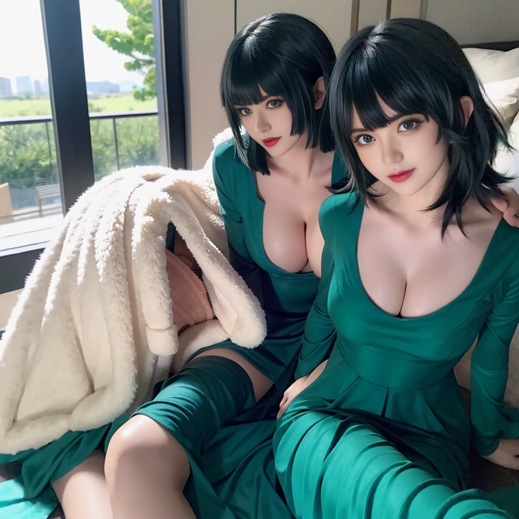 fubuki,big steep boob,green dress,black shorth hair,peach shape ass,perfect round boob,pale skin,green eyes ,laying on bed