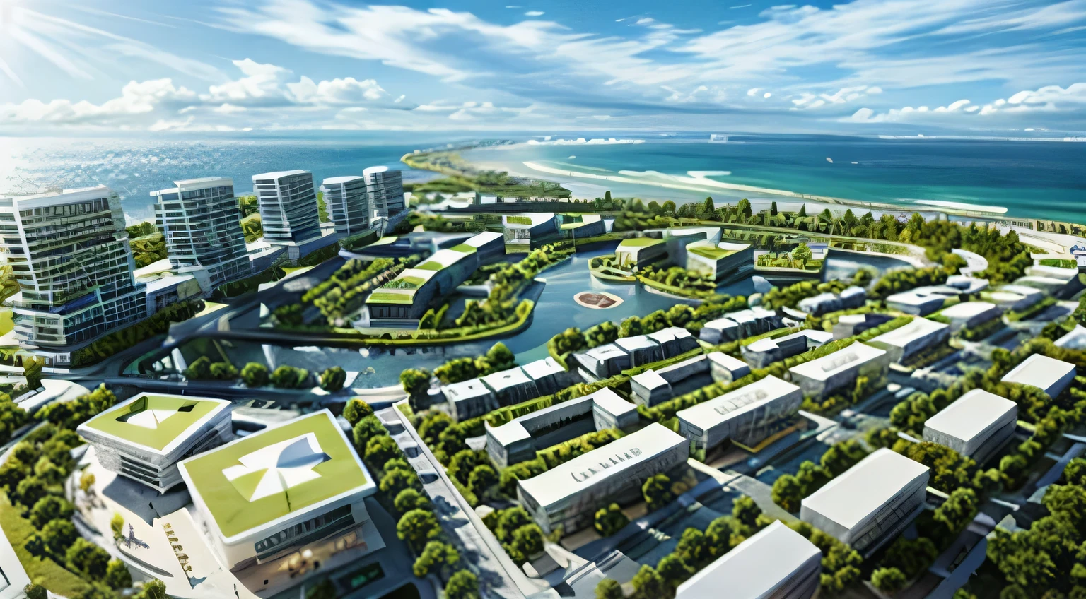 rendering of a resort complex with a swimming pool and a beach, sun coast, mixed development, tropical coastal city, port city, lagoon, conceptual, bird's eye view, digital rendering, resort, riverside, dubai, rendering, true realistic image, residential area, artist impression, above view, ariel view, artist's impression, super high resolution, big!!!!!!!!!!!!