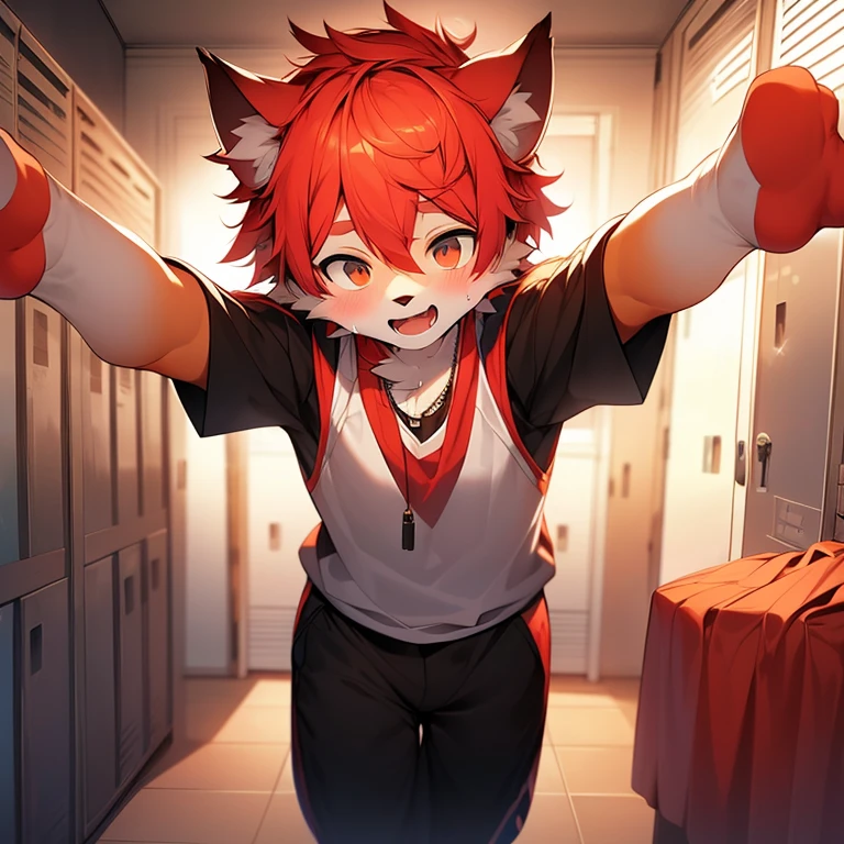 youth,Shota,red hair ,male, stand up, Masterpiece, high resolution,8K,Detailed background,high quality, boys,looking at the audience,perspective,View from the front,shorter pants,male焦点,Wolf's facial features,character boy,Wearing a necklace,locker room,sweating,Basketball costumes