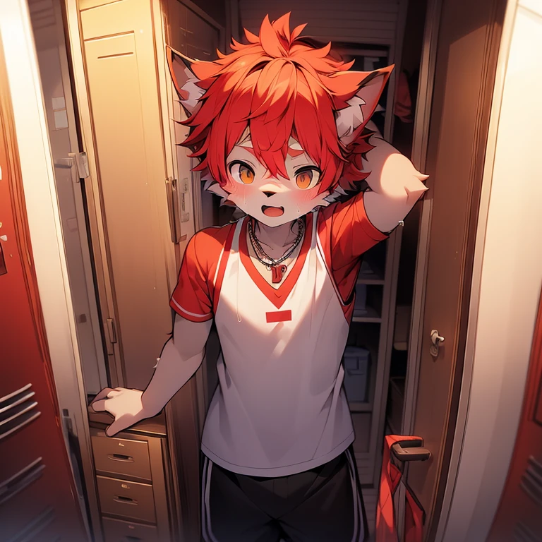 youth,Shota,red hair ,male, stand up, Masterpiece, high resolution,8K,Detailed background,high quality, boys,looking at the audience,perspective,View from the front,shorter pants,male焦点,Wolf's facial features,character boy,Wearing a necklace,locker room,sweating,Basketball costumes