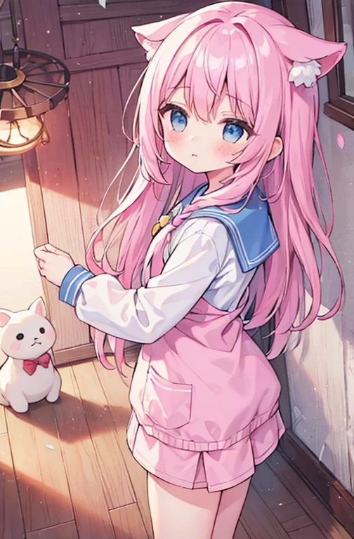 beautiful illustrations, highest quality, (12 year old girl:1.4)、(pretty girl:1.5)、、(Fainting、Suspension from the ceiling、Lock、restraint:1.3)、flat chest、sailor collar、(White long tunic)、long sleeve sailor suit、Blue-line cuffs、(pink chino shorts:1.4)、(pink shorts with wide opening:1.2)、Gap between thigh and pants、slim thighs、white socks、 cinematic lighting, (pink long hair)、pink straight hair、redness of cheeks、(Braiding of the back of the head)