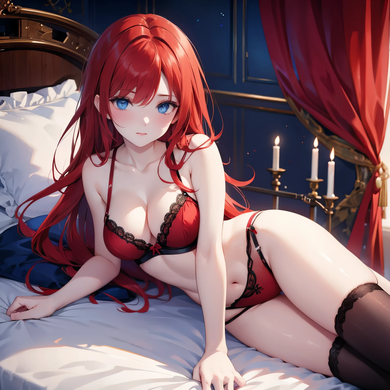 Red hair, blue eyes, lingerie, bed