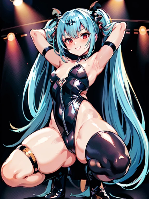 masterpiece, best quality, ultra-detailed, (perfect face, detailed face), 1girl, solo, volumetric lighting,(alice_(queen's_gate)),flat chest,red eyes,thighhighs,twintails,long hair,hair ornament,blue hair,(tanned skin),huge ass,smile,(spread legs wide:1),(arms behind head:1), Squatting,blushing,full body view,oiled skin, shiny skin,ultra glossy skin, strip_club_venue, moody background, dark background, spotlights on ceiling, on stage,