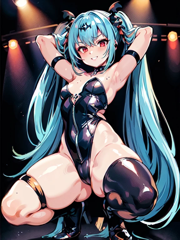 masterpiece, best quality, ultra-detailed, (perfect face, detailed face), 1girl, solo, volumetric lighting,(alice_(queen's_gate)),flat chest,red eyes,thighhighs,twintails,long hair,hair ornament,blue hair,(tanned skin),huge ass,smile,(spread legs wide:1),(arms behind head:1), Squatting,blushing,full body view,oiled skin, shiny skin,ultra glossy skin, strip_club_venue, moody background, dark background, spotlights on ceiling, on stage,
