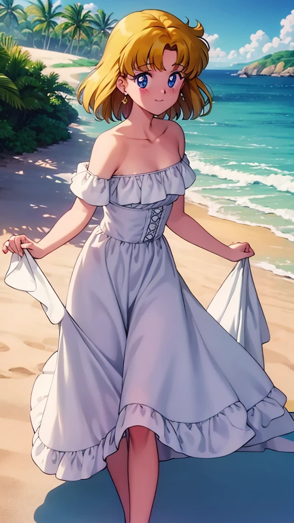 1990s \(style\), masterpiece, best quality, highres, outdoors, small breasts, 1 girl, Solo, UsagiTsukino, Blue Eyes, Beautiful Detail Eyes, Short Yellow Medium Hair, Yellow Straight Hair, Bangs, Good hands are down, Smile, Blushing, Bare Neck, Bare Shoulders, strapless, White Ruffle Off-the-Shoulder maxi dress. Cowboy shot. A landscape of the beach, blue skies, sand beach, ocean waves. In the center. Walking in bare feets.