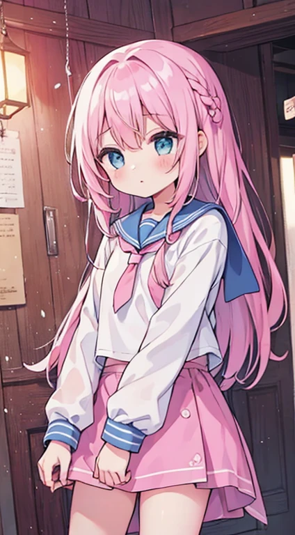 beautiful illustrations, highest quality, (12 year old girl:1.4)、(pretty girl：1.5)、、(Fainting、Suspension from the ceiling、Lock、restraint:1.3)、flat chest、sailor collar、(White long tunic)、long sleeve sailor suit、Blue-line cuffs、(pink chino shorts：1.4)、(pink shorts with wide opening：1.2)、Gap between thigh and pants、slim thighs、white socks、 cinematic lighting, (pink long hair)、pink straight hair、redness of cheeks、(Braiding of the back of the head)