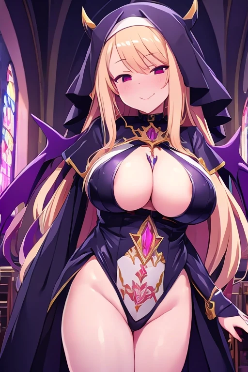 (best quality,4k,8k,highres,masterpiece:1.2),ultra-detailed,1nun,holy woman,long golden hair,gentle smile,portrait,colorful stained glass,divine,soft lighting,harmonious composition,fine brush strokes,vivid colors,ethereal ambiance, anime style, Church yard, Church exterior, whole body, corruption, evil depravity, Demonization, evil smile, Big Devil Horns, devil's wings, sexy costume