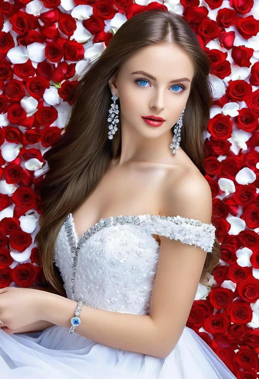 A beautiful girl, perfect body,blue eyes,wear white dress on the white dress rose petals,long hair,wear platinum earrings of blue diamond luxury, wear blue diamond ring.photo clicking pose with red roses