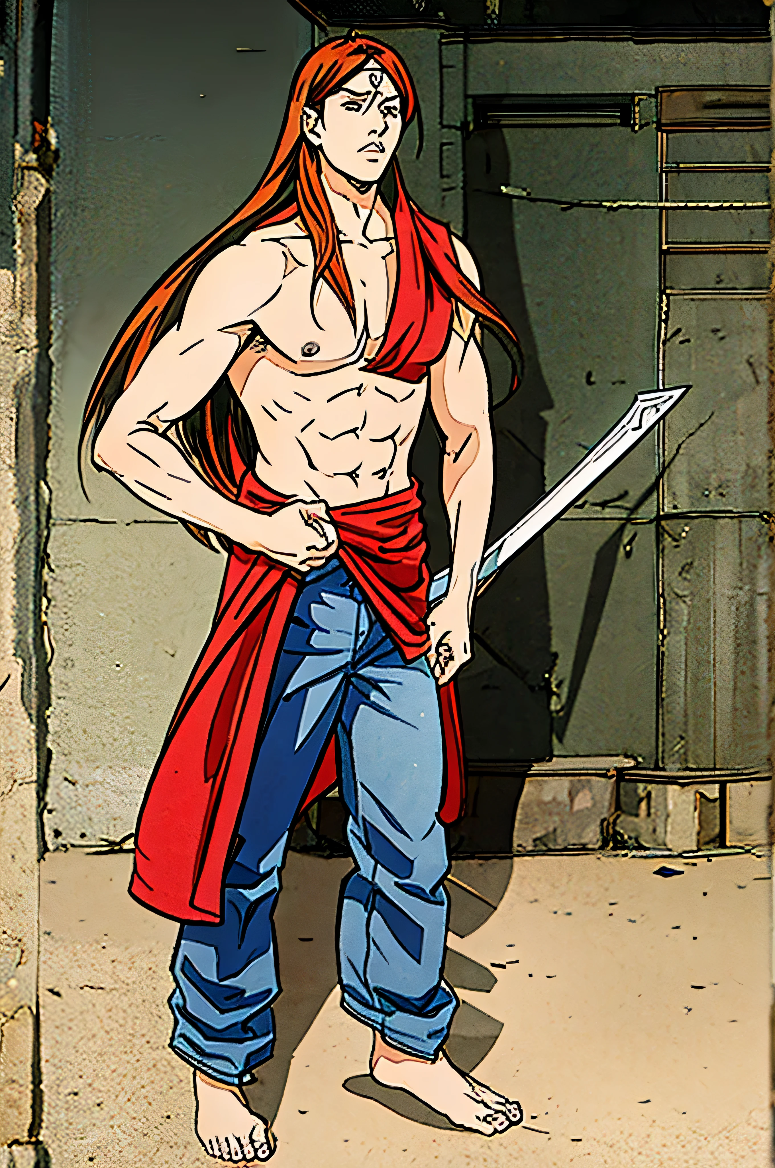 young man , long hair, wearing a bandana on his forehead, shirtless, wearing jeans and barefoot, a sword stuck in the ground beside him, standing , Counterplong, 