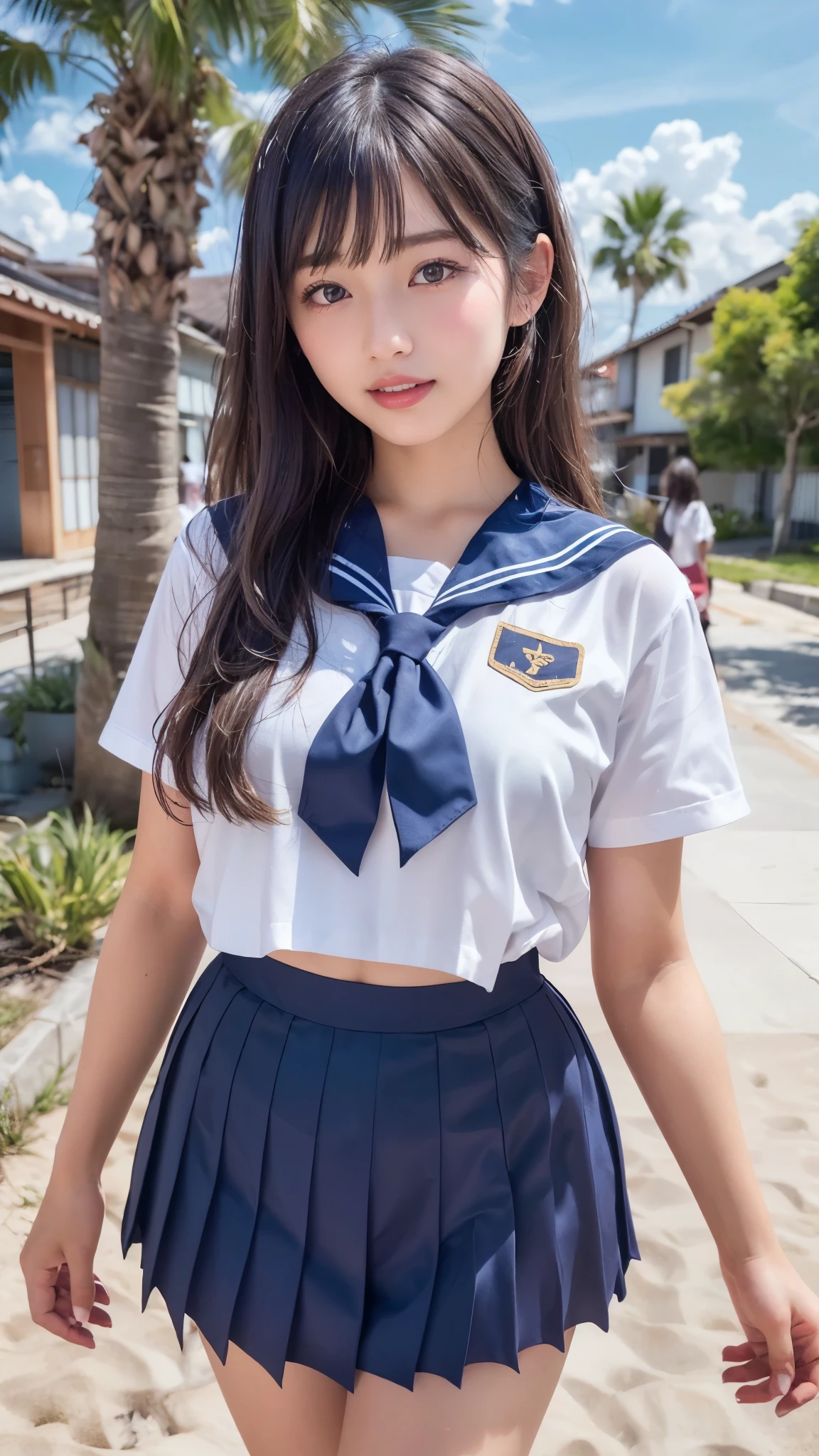 (best quality, 8k, 32k, masterpiece, UHD:1.2), (RAW photo), (realistic), (photorealistic:1.2), (high resolution), huge filesize, ultra-detailed, extremely beautiful face & eyes, 1girl, japanese elementary school student,14yo, 13yo, 12yo, round small face, baby face, thin waist, beautiful belly skin, large breasts, slim proportions, perfect thin thighs, small butt, (darkblue pleated mini skirt, japanese sailor, sailor fuku, serafuku, japanese school sailor suit, sailor red neckerchief), nice hands, perfect hands, accurate hand depiction, sweaty, shy smile, pure white teeth, from below, (blue sky, summer, sun, beach, palm tree, outdoors),