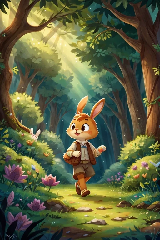 Cute, funny little bunny, walking through a fairytale forest meets his friends