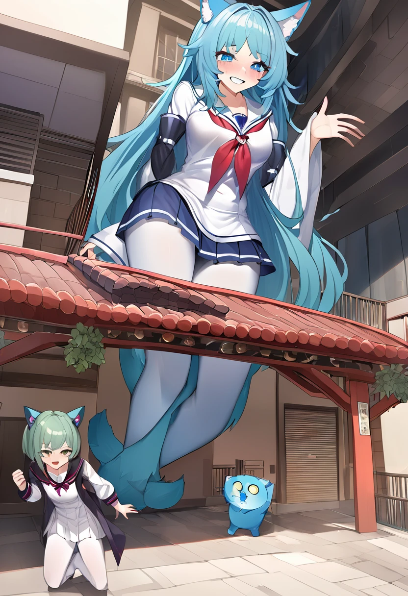 huge，四个Teenage girl，Sailor&#39;s，穿水手格子short skirt的，teasing，A giant girl taller than a building，Wear white pantyhose，Toyed around，shrouded in the villain，Lying on his stomach，Face down，Toyed around，low angle of view，arroganthuge，Light cyan hair，Big blue cat ears，Teenage girl，short skirt，Teasing the villain，A giant girl taller than a building，arrogant,Those who don't wear shoes,There are several villains under their feet