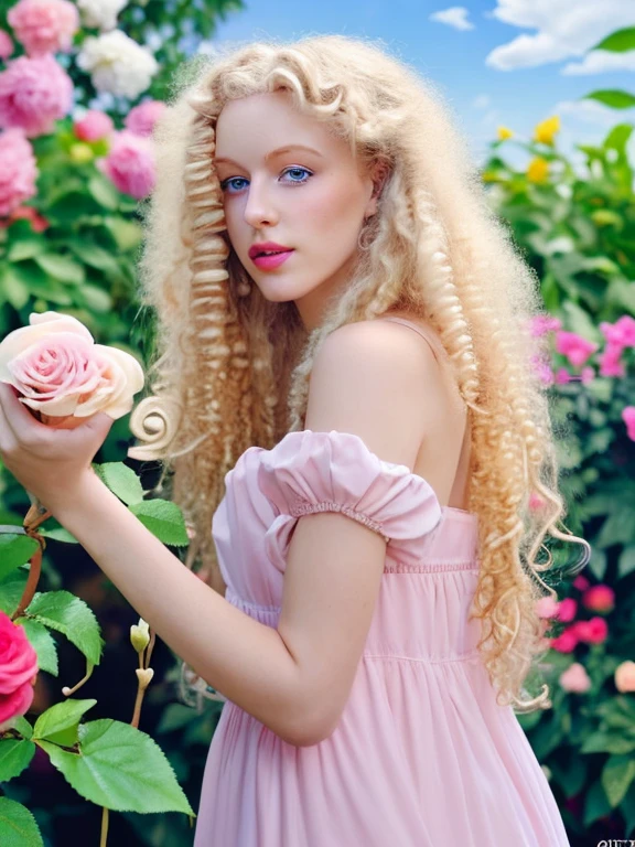 It generates a beautiful blonde with hair in ringlets, posing standing in a beautiful garden of flowers of various species and colors, she wears a soft pale pink dress, she holds a rose in her hand, the sky is blue with light clouds, masterpiece , 8k UHD photography, v4 aperture, vivid colors, photography conveys love, and beauty
