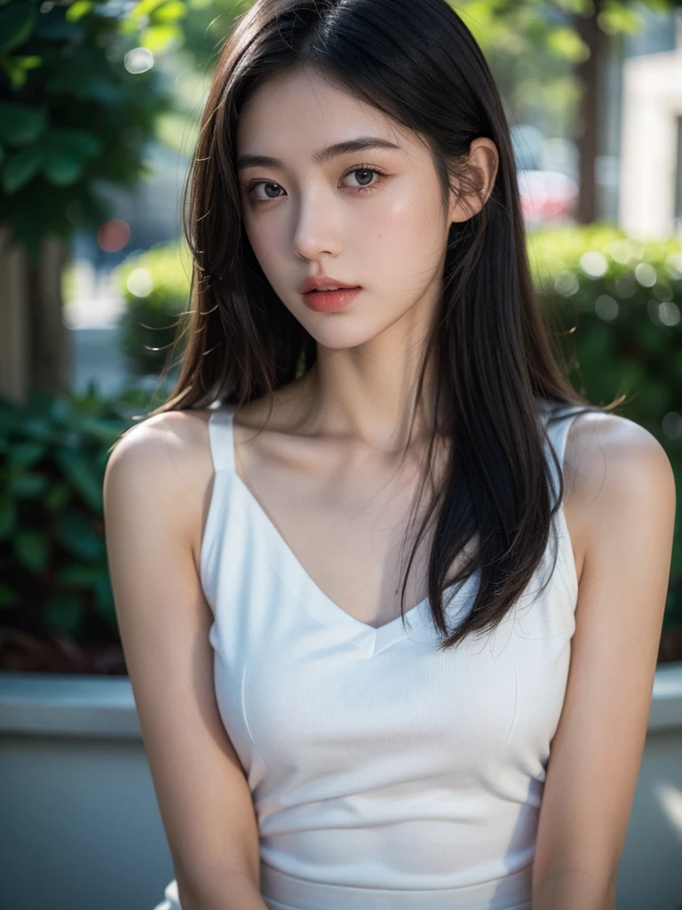 ( masterpiece, top quality, best quality,8k,17 years old girl,ultra detailed,raw photo:1.5),(photorealistic:1.4), (black hair:1.5), (cinematic lighting), PerfectNwsjMajic, , Surrealism, UHD, ccurate, Super detail, textured skin, High detail, Best quality, dynamic angle, (high nose,White skin),[Beautiful blue eyes],[flat chest:large breasts:0.5],(1girl),(good anatomy:0.5)),(outside:1.5),