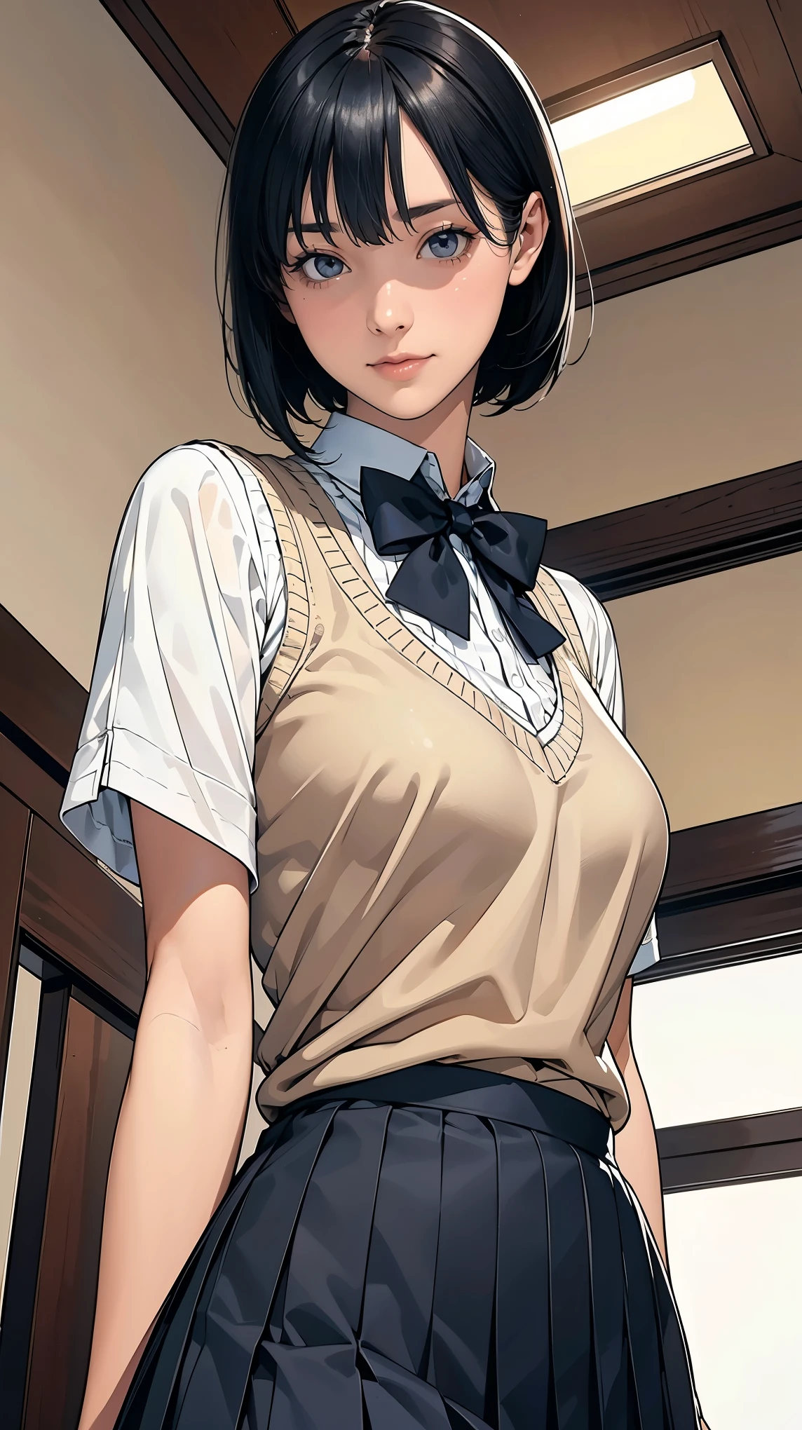 (masterpiece:1.2, highest quality), (realistic, photorealistic:1.4), beautiful illustrations, (natural side lighting, movie lighting), Depth of written boundary, 
looking at the viewer, (face focus, Upper body), Front view, 1 girl, English, high school girl, 15 years old, perfect face, Cute symmetrical face, shiny skin, 
(bob hair:1.7,blonde), asymmetrical bangs, Big eyes, droopy eyes, long eyelashes chest), thin, 
beautiful hair, beautiful face, fine and beautiful eyes, beautiful clavicle, beautiful body, beautiful breasts, beautiful thighs, beautiful feet, beautiful fingers, 
((fine fabric texture, Brown knitted vest, short sleeve white collar shirt, navy pleated skirt, Navy bow tie)), 
(beautiful scenery), evening, (Inside the flower shop), Are standing, (smile, Upper grade, open your mouth), (from below:1.5),(visibility is low:1.5), (((No panties, genitals visible)))