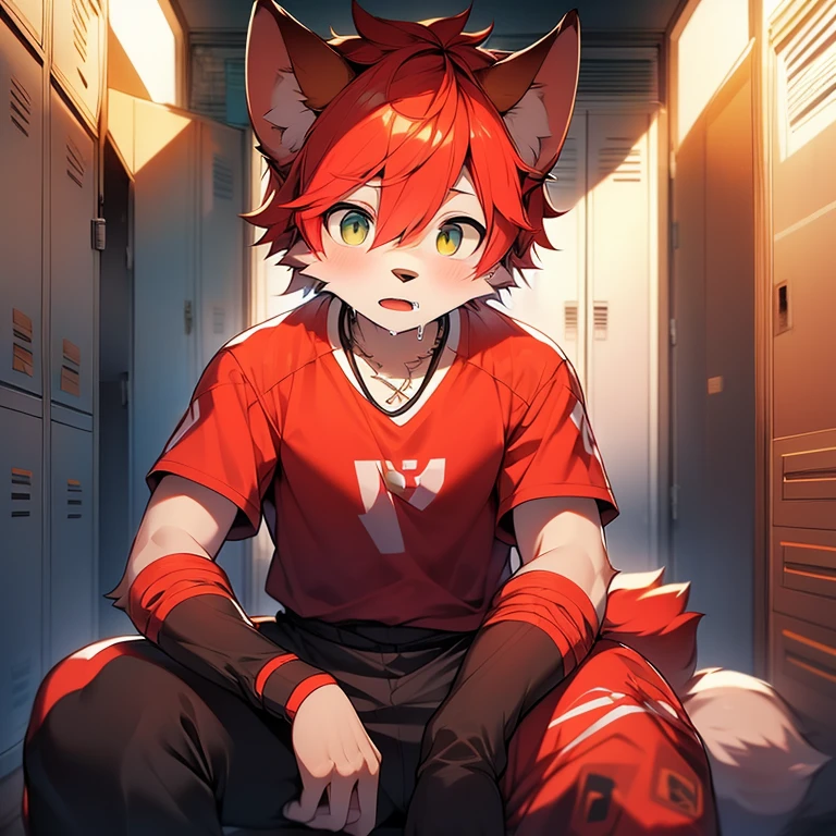 youth,Shota,red hair ,male, sitting, Masterpiece, high resolution,8K,Detailed background,high quality, boys,looking at the audience,perspective,View from the front,shorter pants,male焦点,Wolf's facial features,character boy,Wearing a necklace,locker room,sweating,Basketball costumes