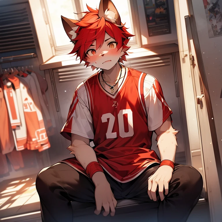 youth，Shota，red hair ，male， sitting， Masterpiece， high resolution，8K，Detailed background，high quality， boys，looking at the audience，perspective，View from the front，shorter pants，male焦点，Wolf&#39;s facial features，character boy，Wearing a necklace，locker room，sweating，Basketball costumes