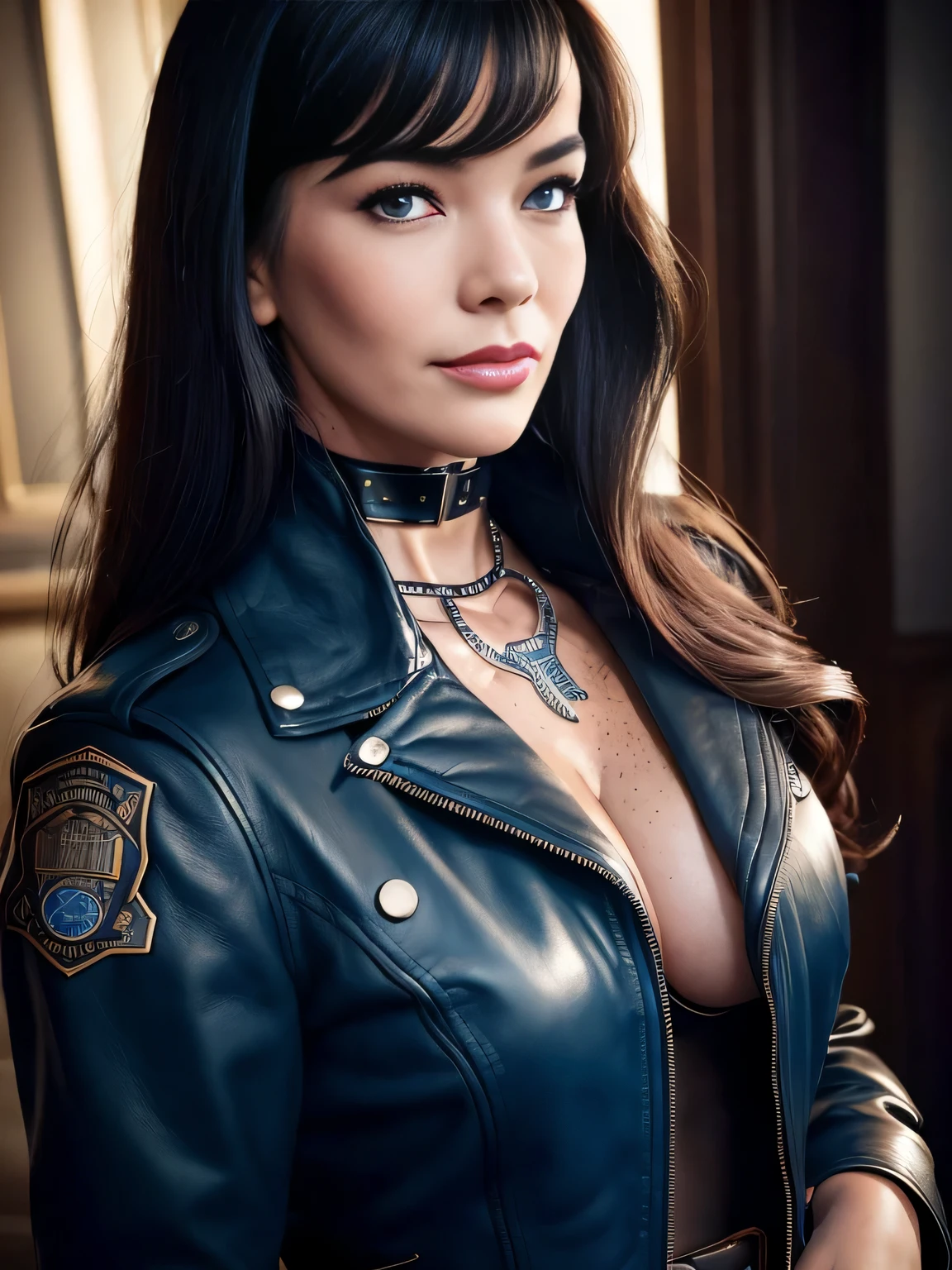 photo, rule of thirds, dramatic lighting, long hair, detailed face, detailed nose, smiling Bettie Page wearing leather jacket , freckles, collar or choker, smirk, intricate background
,realism,realistic,woman,portrait,photorealistic,analog,realism, american, mature, blue eyes, chestnut, bushy eyebrows