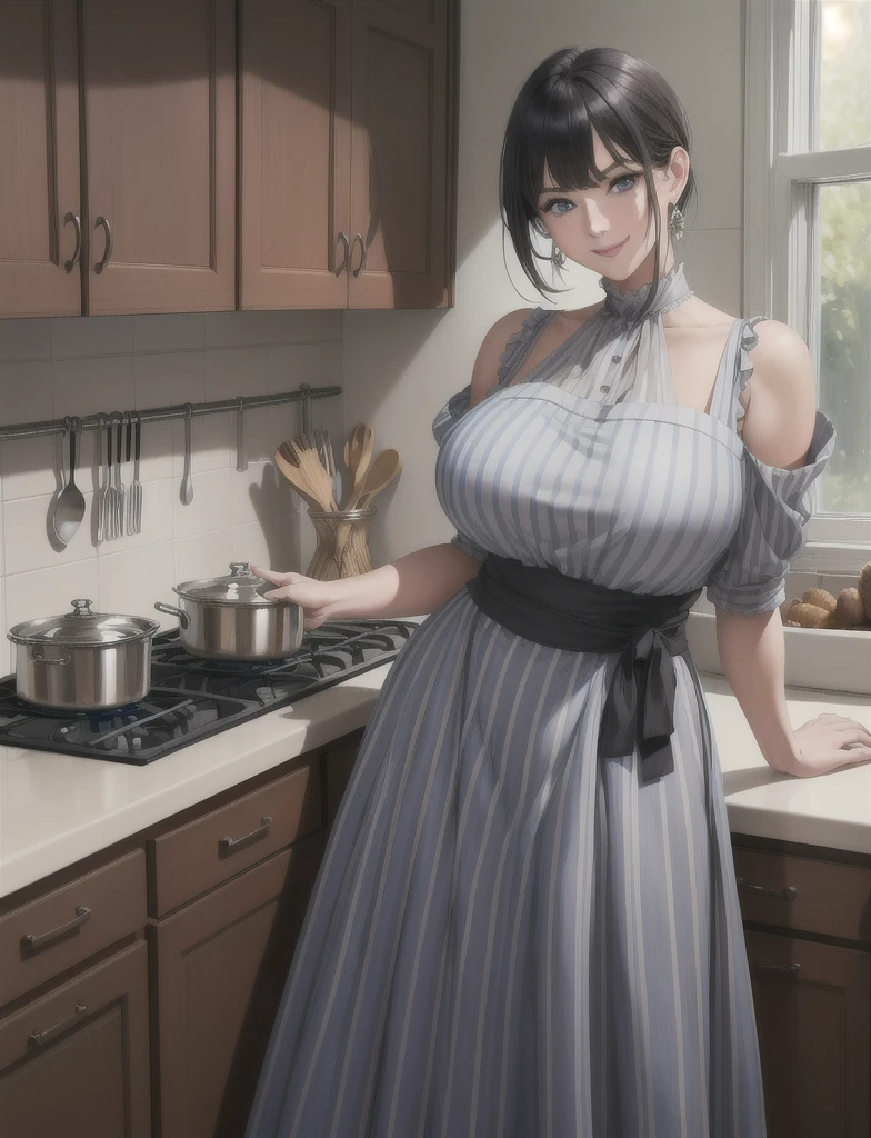 ((realistic)), (masterpiece, best quality),hot (milf), woman standing in kitchen, wearing grey dress, long skirt autum dress vertical stripes,wide hips,wearing black apron, large breasts,saggy breasts, (shoulder cut hair, cute bangs, bangs), long skirt, smiling, facing viewer, earrings,  cupboard, stove, window, blue eyes,